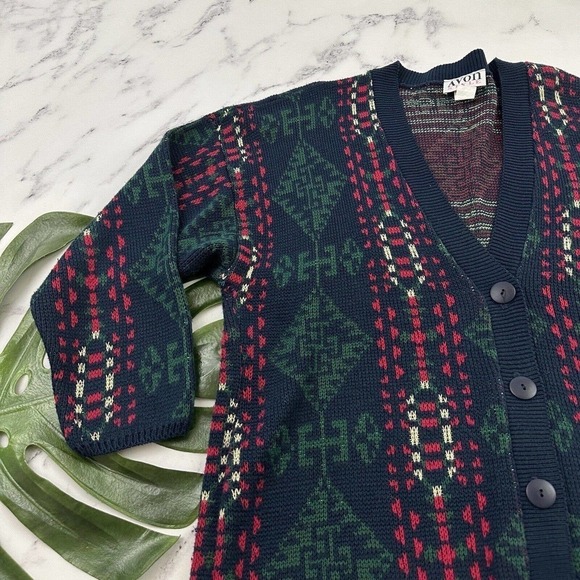 Avon Style Womens Vintage Cardigan Sweater Plus Size 1x Blue Red Blanket Woven - Picture 4 of 12